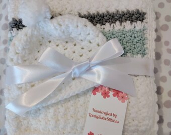Crocheted baby blanket and hat