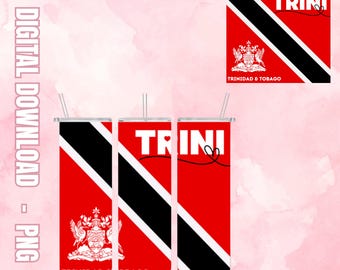 Può includere: Tre design di sublimazione per un bicchiere con la bandiera di Trinidad e Tobago. I design includono lo stemma nazionale, le parole "TRINI" e un cuore, e le parole "TRINIDAD & TOBAGO".
