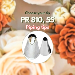 May include: Two stainless steel piping tips, PR 810 and 55, are shown in a circular frame against a blurred background of orange and white floral decorations. The text "Choose your tip" and "Piping tips" are also visible.