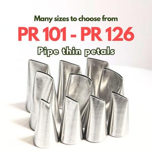 Può includere: Una collezione di sac à poche in acciaio inossidabile per creare disegni a petalo sottile. L'immagine include il testo "Many sizes to choose from PR 101 - PR 126 Pipe thin petals."