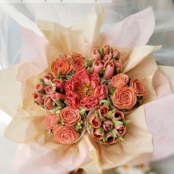 Buttercream flower tutorial: Peony cupcake bouquet (7 cupcakes)