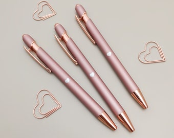 Pens for Girls [pack of 3], Love heart Rose Gold Trim Pink Pen Set, Nice Pretty Cute Pen Sets