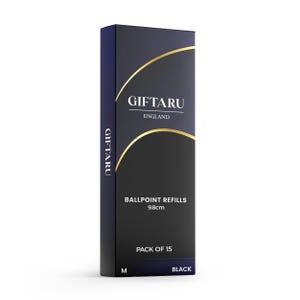 May include: A black box of Giftaru England ballpoint pen refills, 9.8cm long. The box features a navy blue and gold design, with the text "PACK OF 15" and "BLACK". The brand name "GIFTARU" is printed on the side.