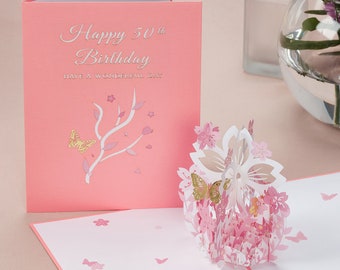 50th Birthday Card for Women by Giftaru | 3D Pop Up Card for Her | Cherry Blossom Flower Design