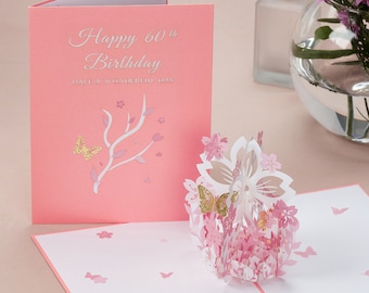 60th Birthday Card for Women by Giftaru | 3D Pop Up Card for Her | Cherry Blossom Flower Design