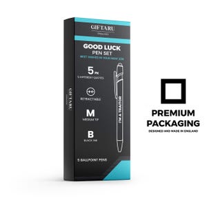 May include: A black pen set box with teal accents. The box reads "GOOD LUCK PEN SET" and "BEST WISHES IN YOUR NEW JOB". The box also indicates the pens are retractable, have a medium tip, and use black ink. The box is labeled "PREMIUM PACKAGING".
