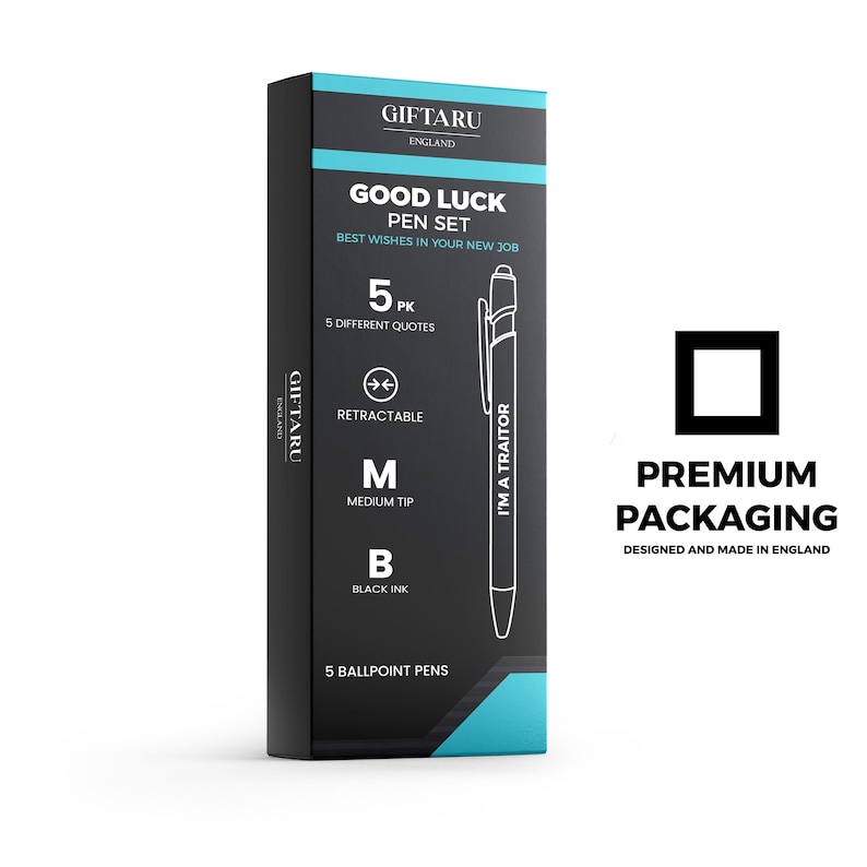 May include: A black pen set box with teal accents. The box reads "GOOD LUCK PEN SET" and "BEST WISHES IN YOUR NEW JOB". The box also indicates the pens are retractable, have a medium tip, and use black ink. The box is labeled "PREMIUM PACKAGING".