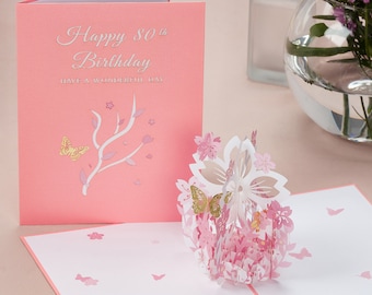 80th Birthday Card for Women by Giftaru | 3D Pop Up Card for Her | Cherry Blossom Flower Design