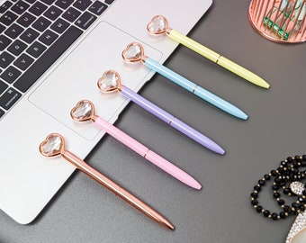 Love Heart Crystal Slimline Metal Pen | Black Ink Ballpoint Pen | Assorted Colours Available