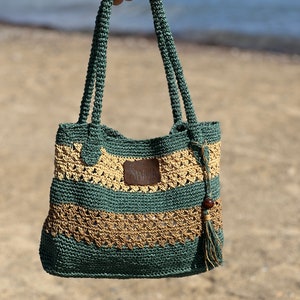 Handgehäkelte Tasche aus Naturbast mit abnehmbarer Perlen-Quaste – Elegante & Leichte Tasche für den täglichen Gebrauch oder besondere Anlässe