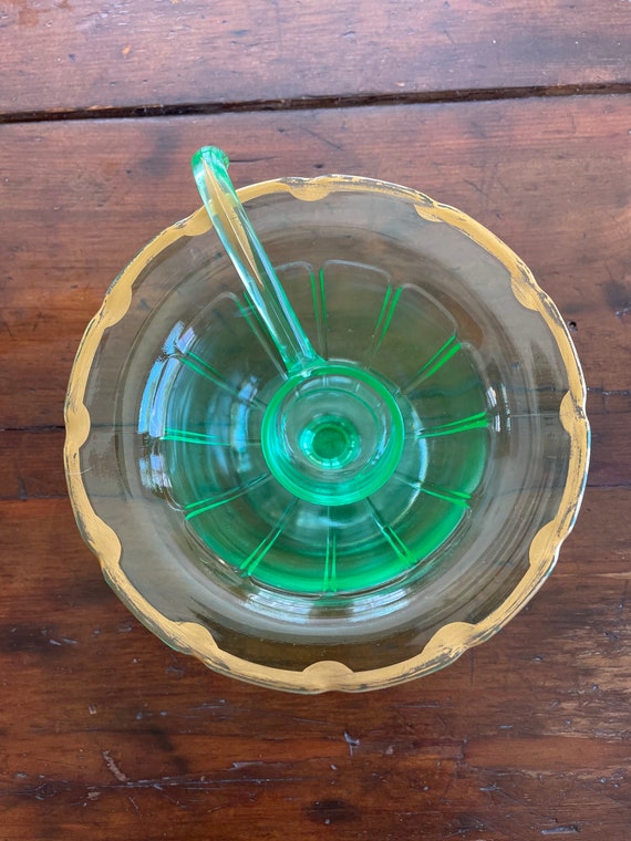 Vintage Depression Uranium Dish with gold edging and Uranium Ladle