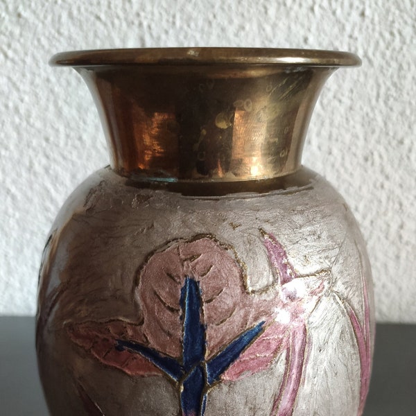 VINTAGE Vase Emaille Messing Cloisonne Blumen Selten Rar 70er