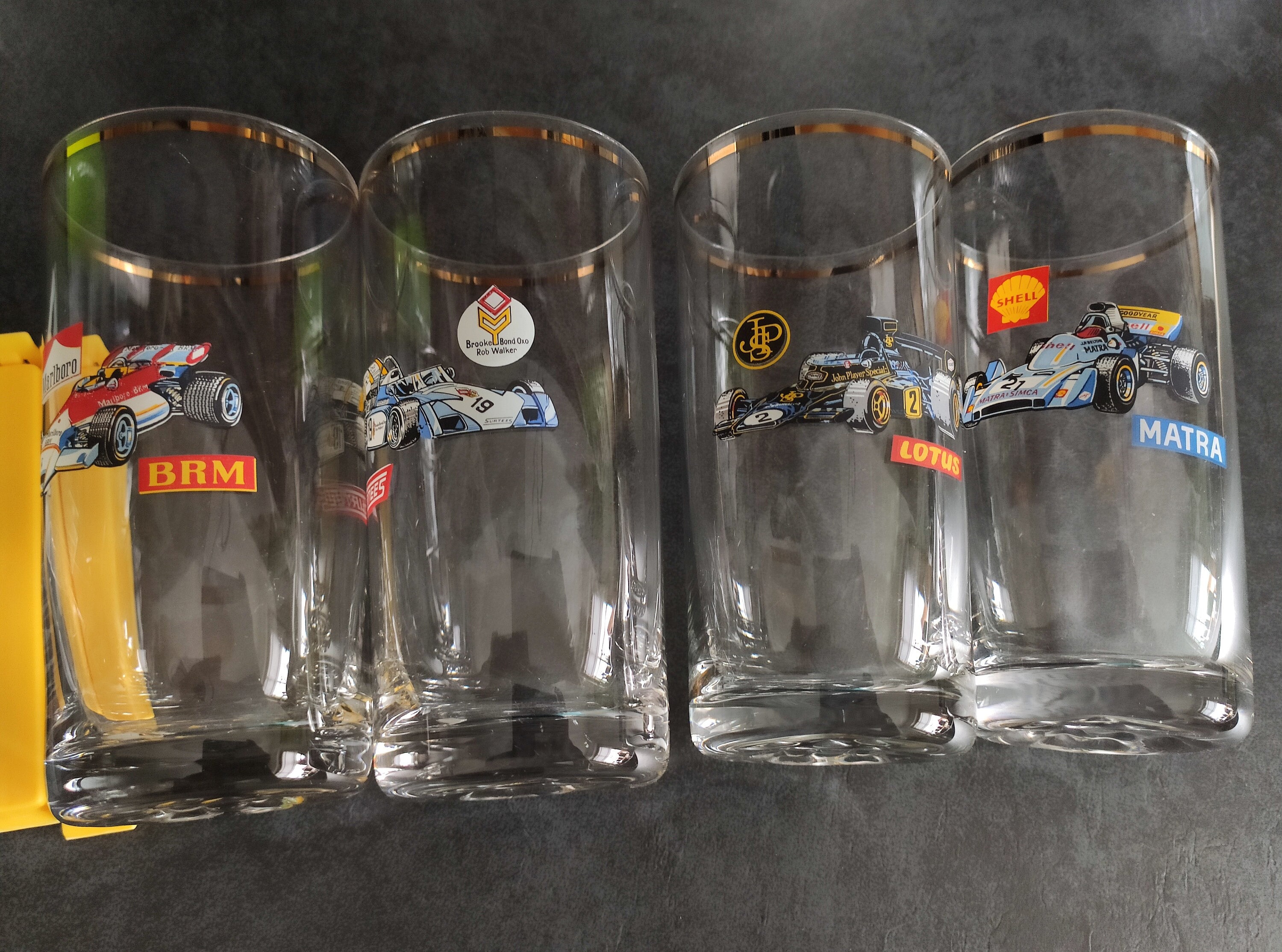 VINTAGE 4 Retro Beer Glasses Matra Surtees BRM Lotus Shell Marlboro Racing Car Formula 1 Racing Car 90s