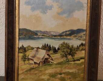 VINTAGE Oud olieverfschilderij in een houten frame gesigneerd
