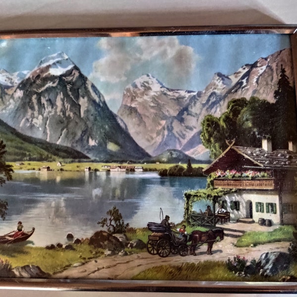 Altes Bild im Metallrahmen Schweizer Berge Vintage Lithografie oder Druck ? Alt Selten Rar Sammler 70er