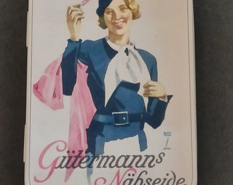 Caja de hojalata VINTAGE Gütermanns cosiendo seda