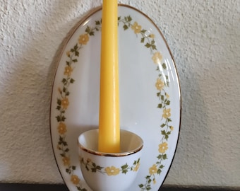VINTAGE Walbrzych Kerzenhalter Keramik Gelbe Blumen Goldrand 25 x 15 x 10 cm