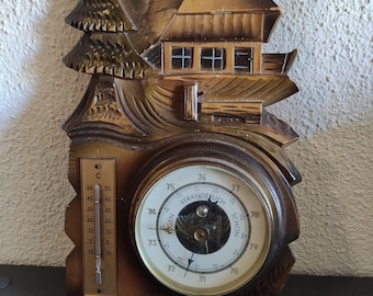 Vintage Barometer Thermometer Zwarte Woud Boerderij Handgesneden 1964