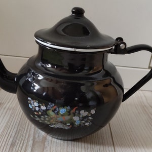 Enamel kettle vintage tea kettle black with flowers