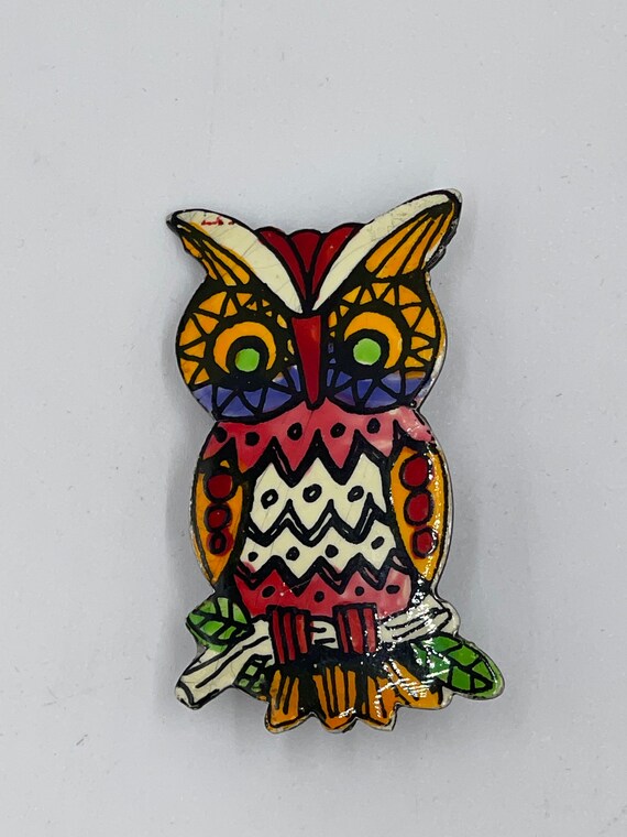 Vintage Hand Painted Owl Brooch - image 7