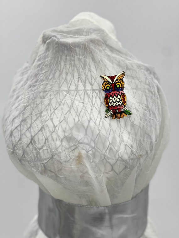 Vintage Hand Painted Owl Brooch - image 2