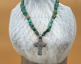 Genuine Turquoise Necklace with Sterling Silver Cross