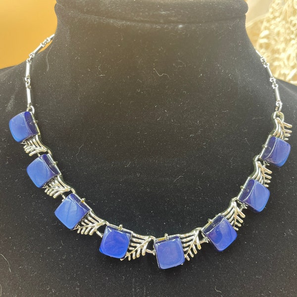 Coro Blue Thermoset Necklace with Silver tone Leaves