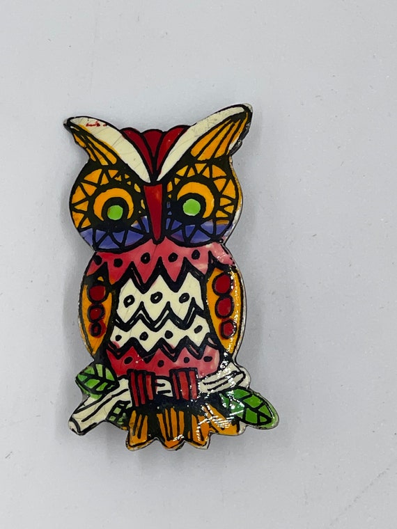 Vintage Hand Painted Owl Brooch - image 1