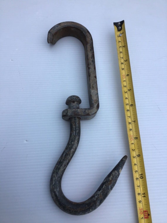 Vintage Antique Heavy Iron Butchers Meat Hook With Bracket 