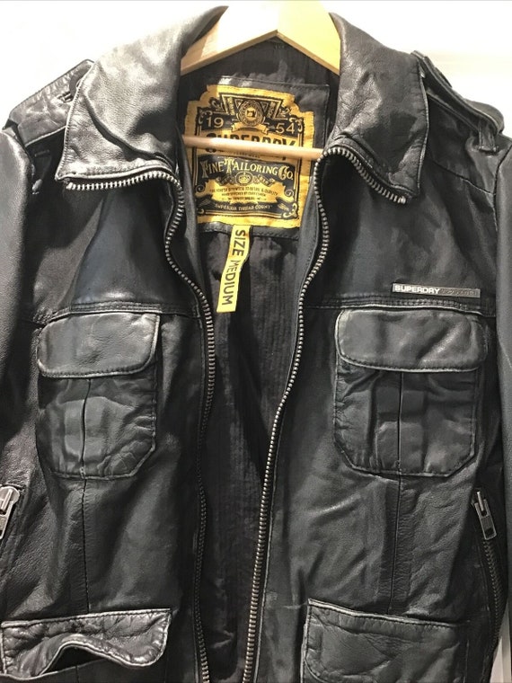 corte largo Alfabeto marioneta Chaqueta de cuero negro vintage superdry para hombre. tamaño - Etsy España