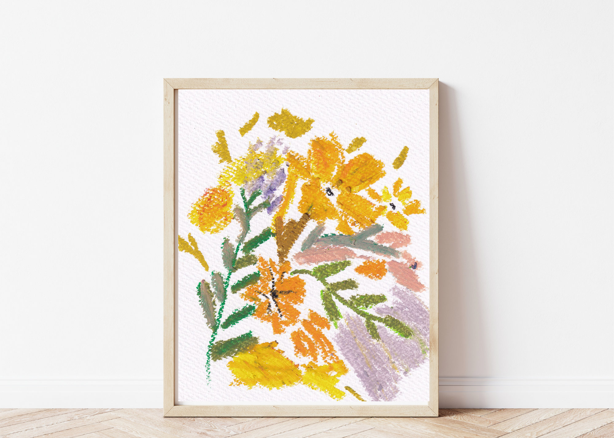 Printable oil pastel on paper flowers painting boho chic style very uniqe/ downloadable print of fine art colorful bright spring painting