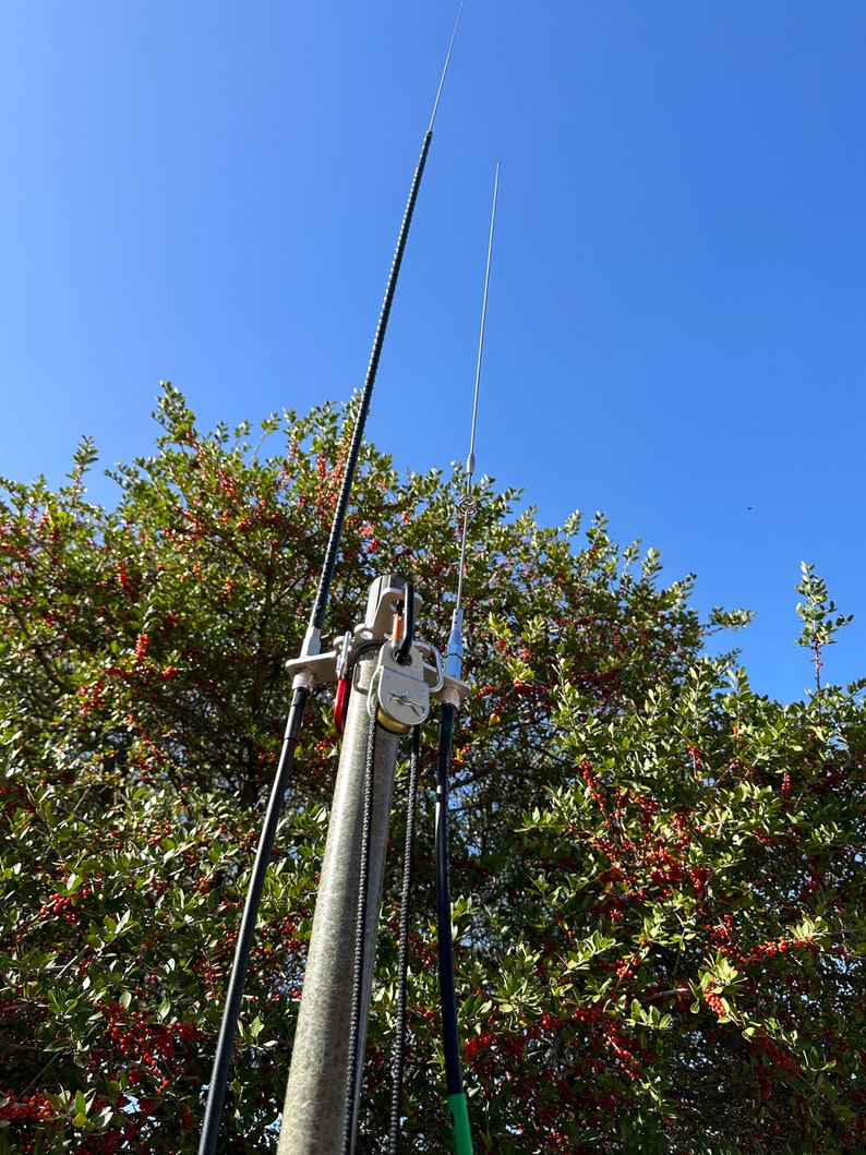 May include: An outdoor antenna system featuring two vertical aerials. One is black and coiled, the other is silver and straight. They are mounted on a grey pole with supporting hardware. The background shows green foliage and a clear blue sky.