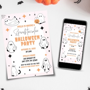 Pink Halloween Party Invitation: Spooktacular Costume Birthday Invite (Canva Template, Digital Download)