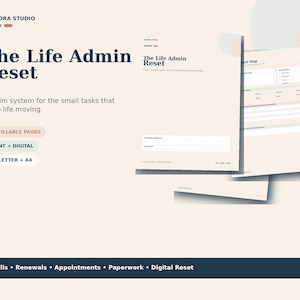 Life Admin Reset Planner, ifyllbar PDF-organisatör för räkningar, förnyelser, möten och pappersarbete
