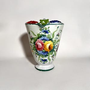Vintage Italian Flower And Grape Pitcher / Hand Painted Pinched Clay Vase