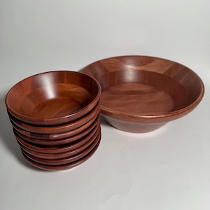 Large Wooden Serving Bowl With 8 Small Salad Bowls / Boho Decor / Retro Kitchen / Gift For Her