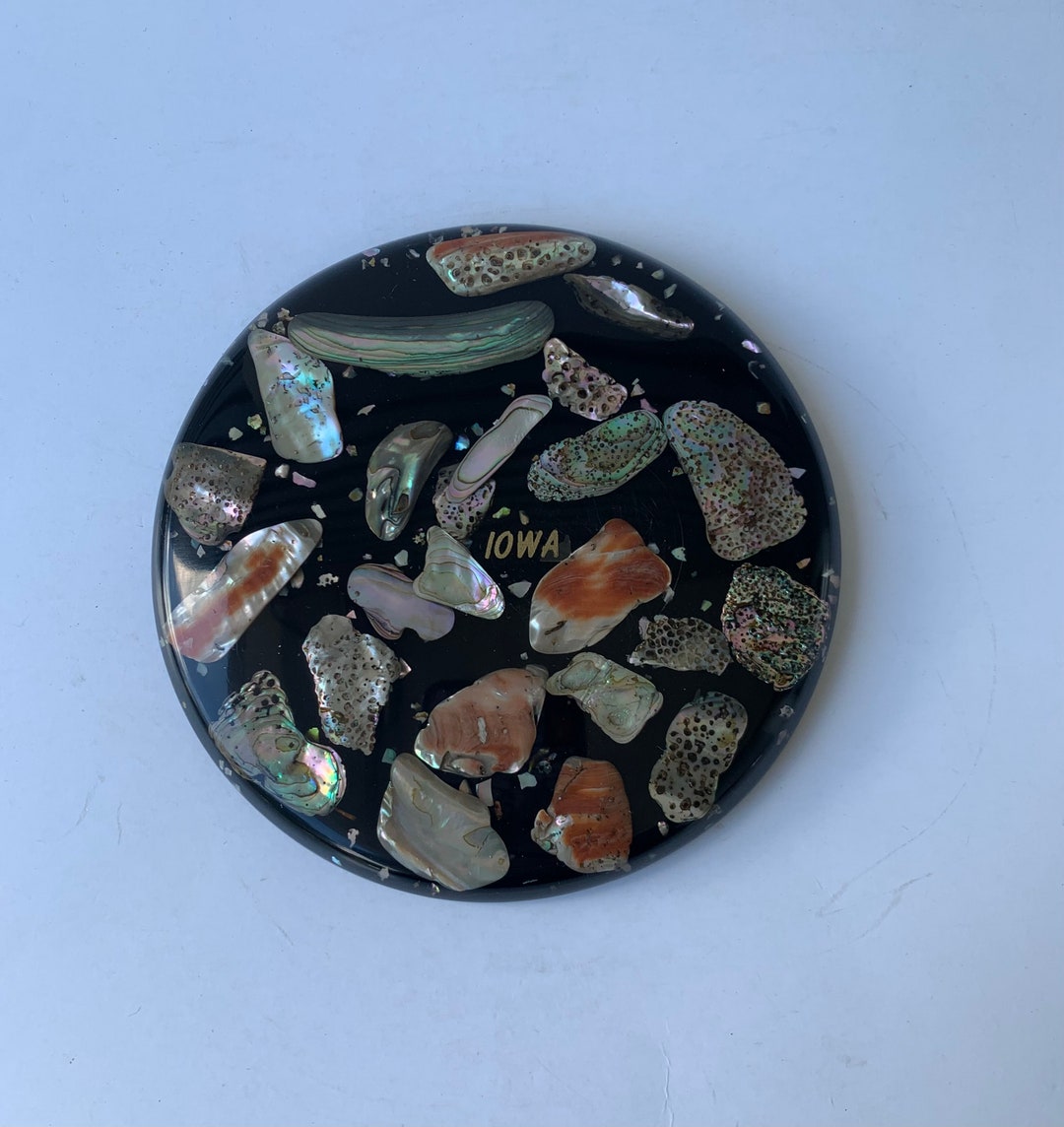 Black Round Resin Trivet With Abalone Shells / Iowa Souvenir Etsy