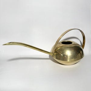 May include: A gold-colored watering can with a rounded body and a long, slender spout. The handle arches over the top, and the can is made of a shiny metal. This watering can is designed for indoor or outdoor plant care.