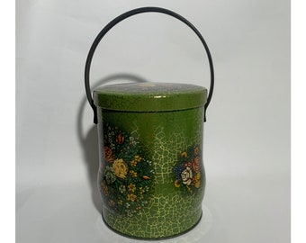 Green & Gold Floral Bucket Tin / Daher / Gift For Collector / Gift For Her
