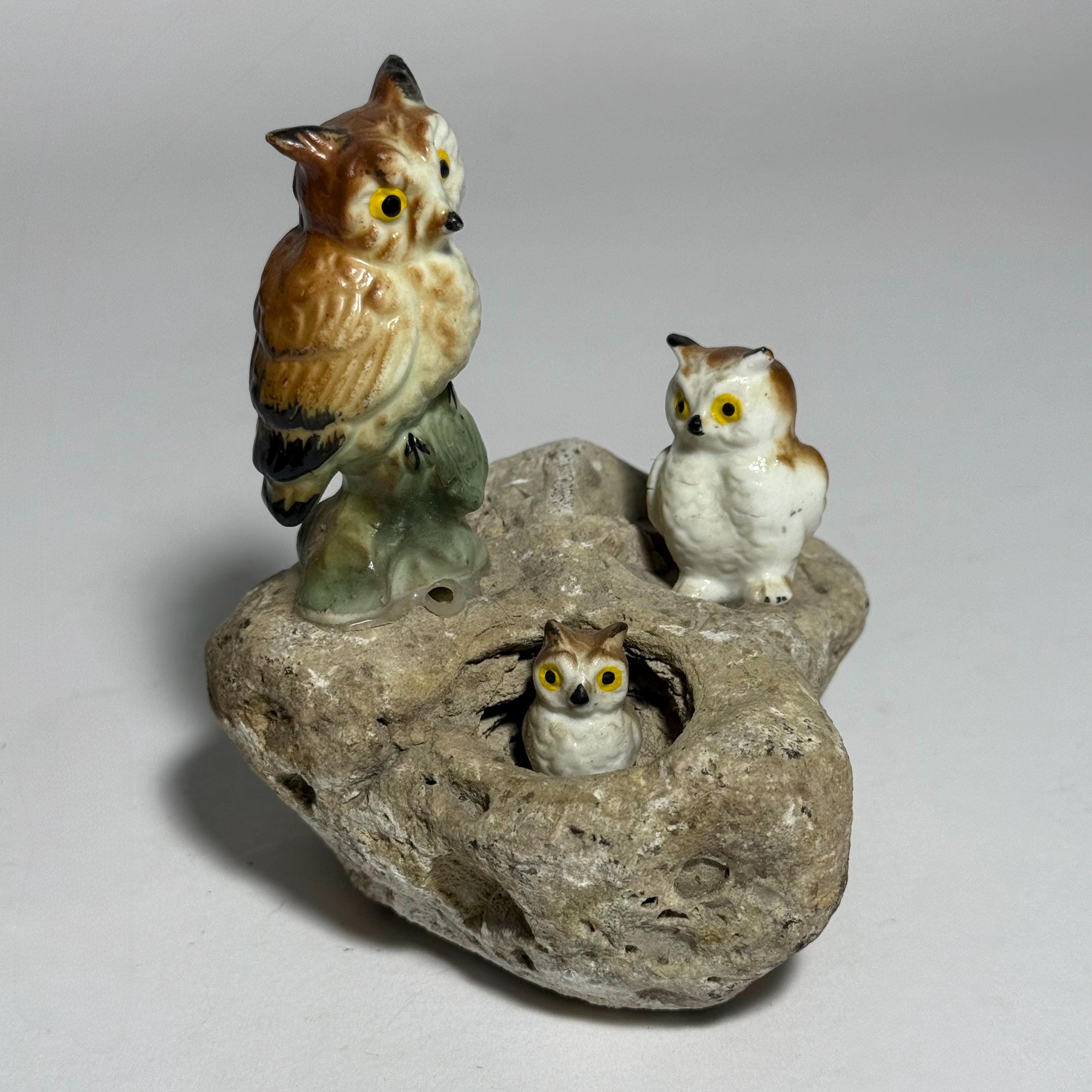 Vintage 70s Ceramic Owl Figurines on Stone: Owl Rock Art