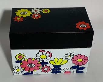 White Rectangular Metal Recipe Box With Colorful Mod Flowers