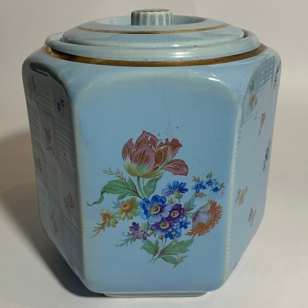 Shawnee Blue Basketweave Floral Pottery Cookie Jar / Flower Canister