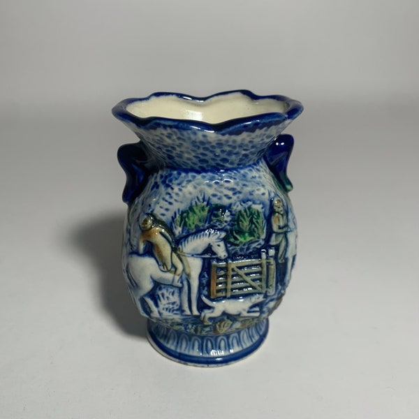 Tiny Miniature Blue Ceramic Fox Hunting Vase / Japan / Raised Relief