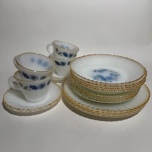 Vintage Termocrisa Milk Glass Dinnerware Set: Blue Floral Cottagecore