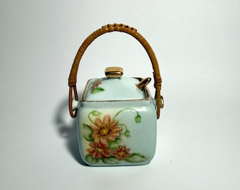 Vintage Handpainted Robin Egg Blue Floral Sugar Bowl With Rattan Handle