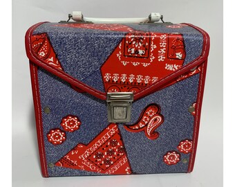 70s Blue Denim Red Bandana Vinyl 45 Record Carrying Case / Tote / Holder / Gift For Collector