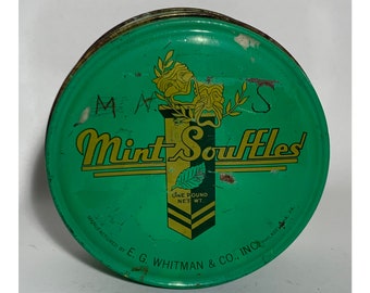 Round Green Mint Souffles Candy Tin / E.G. Whitman & Co Inc / Theater Masks