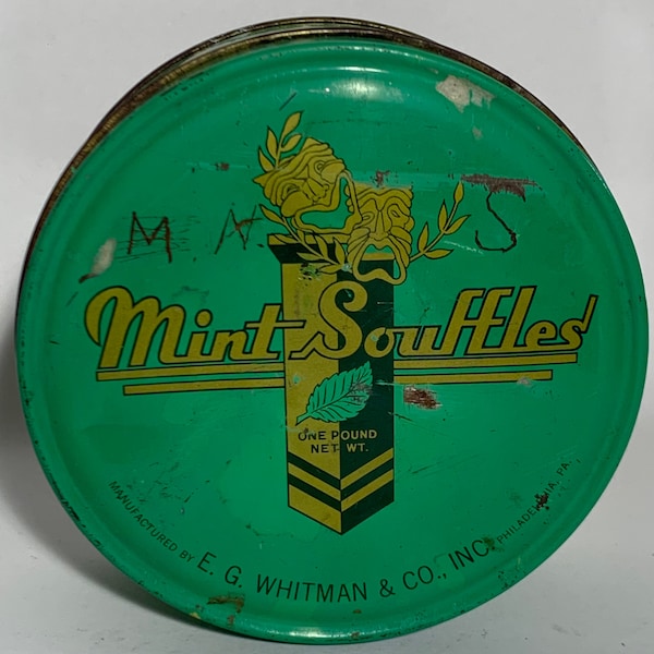 Round Green Mint Souffles Candy Tin / E.G. Whitman & Co Inc / Theater Masks