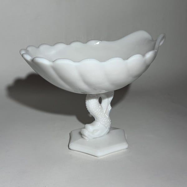 Vintage Westmoreland Milk Glass Dolphin Compote: Seashell Candy Dish