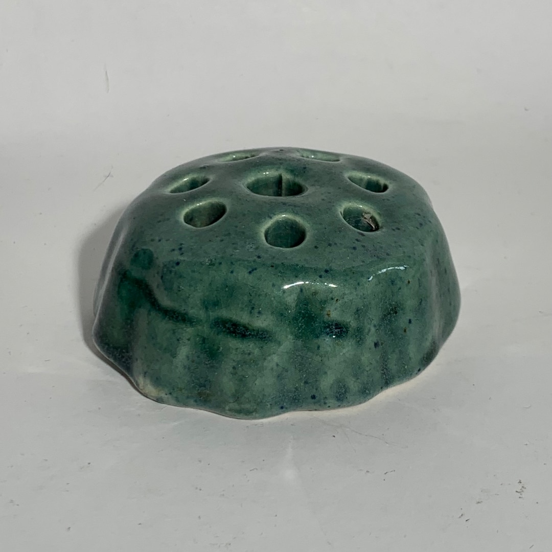 Small Glazed Green Pottery Flower Frog / 8 Holes / Flower Arranging ...